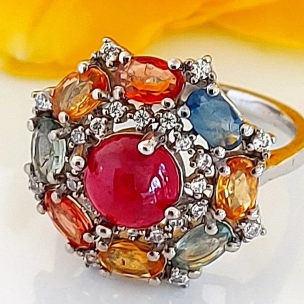Natural Round Ruby 7mm & Multi-color Sapphire 925 Sterling‎ Silver Ring Sz 6